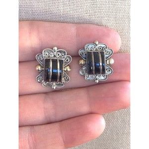 Vintage Silver Black Stone Stud Earrings